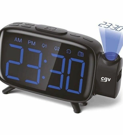 CGV radio alarm clock CR-P10 with digital display and control buttons, electronic audio and hifi device.