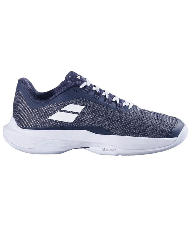 Gray Babolat Jet Tere 2 women's tennis shoes with breathable mesh and durable sole for outdoor sports.