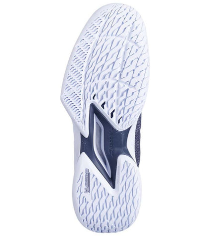 Gray Babolat Jet Tere 2 women's tennis sports shoes with breathable mesh and supportive sole, designed for outdoor tennis play.