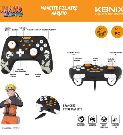 KONIX Naruto Xbox One remote control, electronic plug-and-play game controller, with Naruto-themed design and buttons.