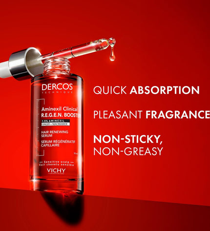 Vichy DERCOS health supplement in 90ml bottle, featuring a white and blue label with product details for personal care and vitamins.