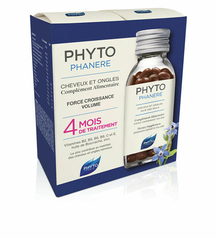 Two bottles of Phyto Paris Phytophanere dietary supplement capsules for health and personal care, each containing 120 capsules.