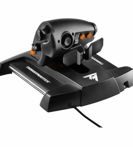 Black Thrustmaster TWCS Throttle gaming controller for PC, featuring plug & play electronic design with multiple control buttons.