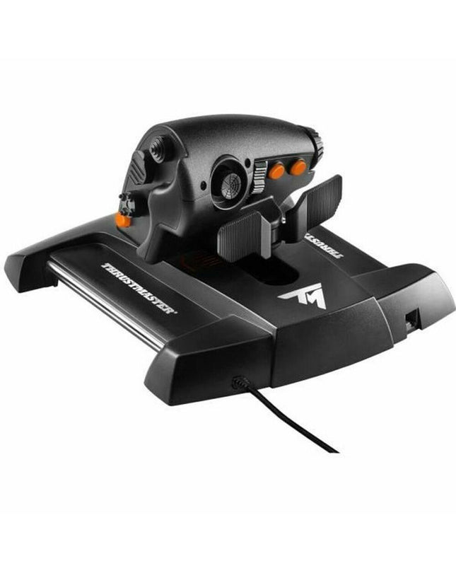 Black Thrustmaster TWCS Throttle gaming controller for PC, featuring plug & play electronic design with multiple control buttons.