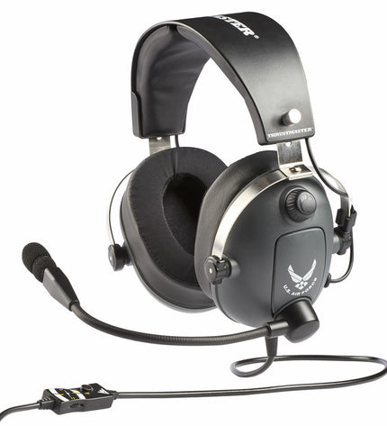 Thrustmaster gaming headset with microphone, plug-and-play for consoles, featuring adjustable headband and cushioned ear cups.