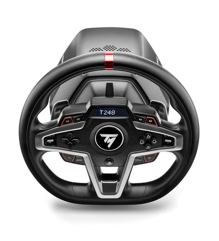 Black Thrustmaster T248 gaming steering wheel for plug and play consoles, with detailed buttons and textured grip for immersive racing.