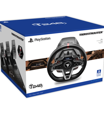 Black Thrustmaster T248 steering wheel for gaming, featuring plug-and-play connectivity for compatible gaming consoles.