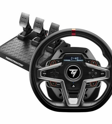 Black Thrustmaster T248 gaming steering wheel for PlayStation and PC, featuring plug and play electronic console compatibility.
