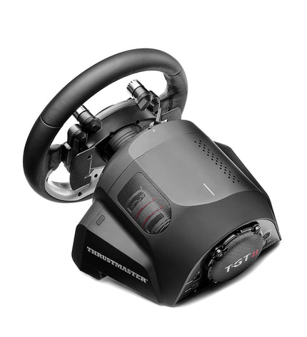 Black Thrustmaster 4160846 steering wheel controller for plug-and-play gaming consoles, featuring a sleek electronic design.