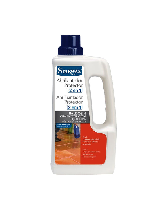 Starwax 1L Vloerreiniger and 2-in-1 oppervlaktebeschermer for home cleaning, showing a cleaning spray bottle on a tiled floor