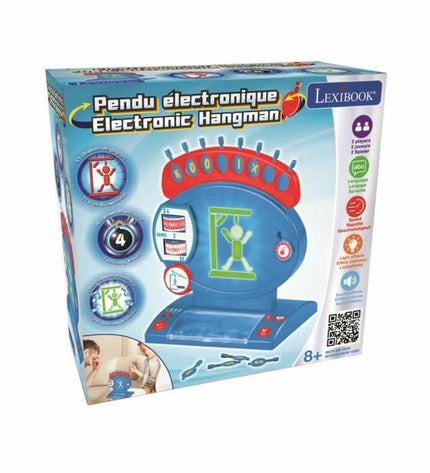 Lexibook Electronic Hangman game with digital display, buttons, and colorful design, for fun word-guessing gameplay.