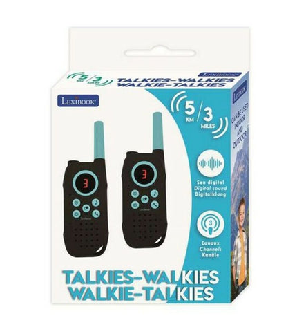 Two Lexibook TW42 walkie-talkies for kids, electronic toys with 5 km range, in bright colors with buttons and antenna visible.