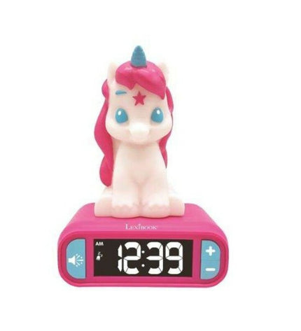Lexibook unicorn radio alarm clock with digital display, colorful toy alarm clock for kids, electronic toy and game gadget.