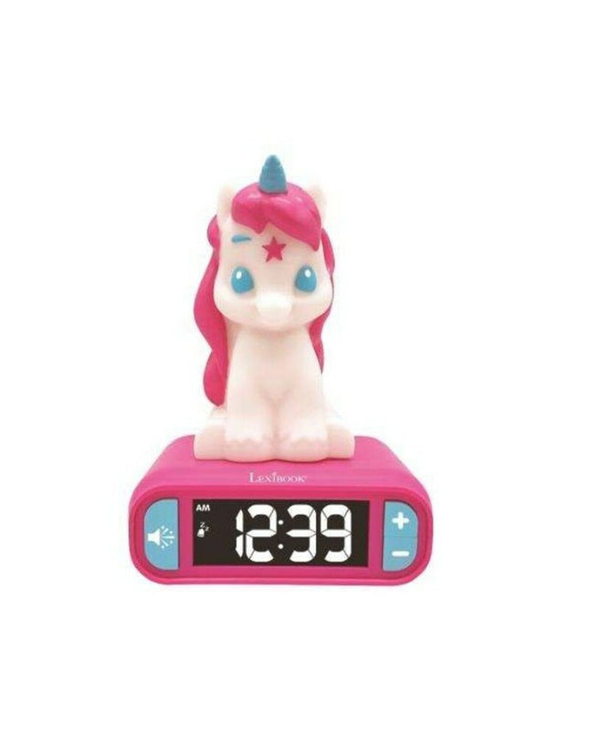 Lexibook unicorn radio alarm clock with digital display, colorful toy alarm clock for kids, electronic toy and game gadget.