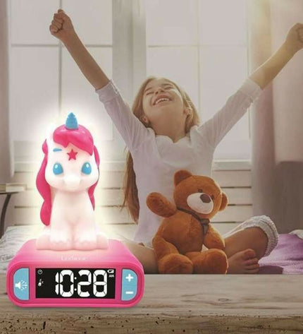 Lexibook Unicorn radio alarm clock, electronic toy with colorful unicorn design and digital display, suitable for children.