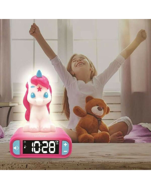 Lexibook Unicorn radio alarm clock, electronic toy with colorful unicorn design and digital display, suitable for children.