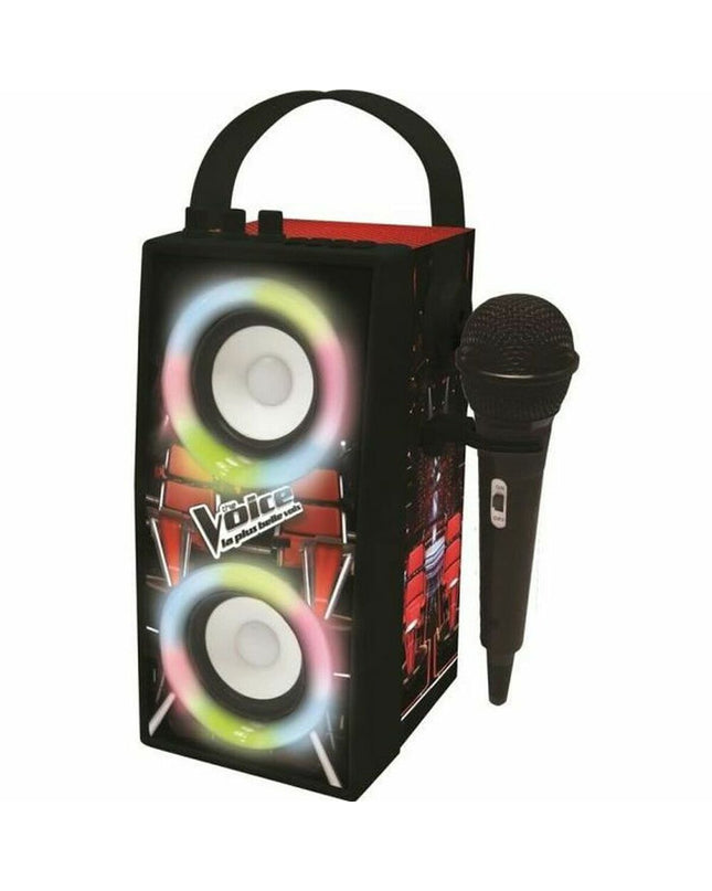 Lexibook Bluetooth speaker with karaoke microphone, electronic toy for kids, colorful design, and fun entertainment features.