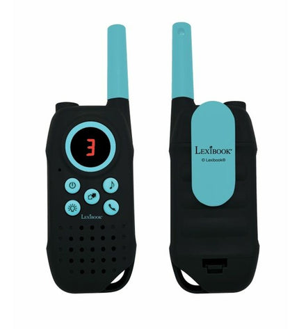Blue Lexibook TW43 walkie-talkie toy with buttons and antenna, designed for children’s electronic communication play.