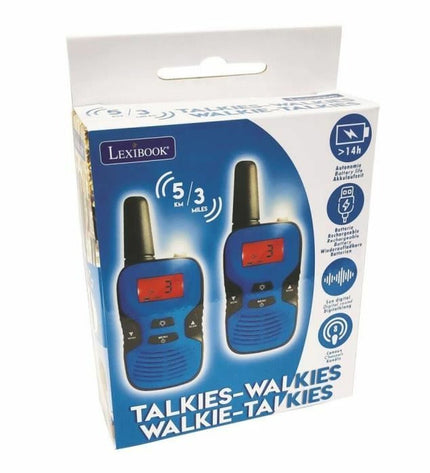 Lexibook TW43 blue walkie-talkie toy for kids, electronic communication device with local speaker and colorful design.