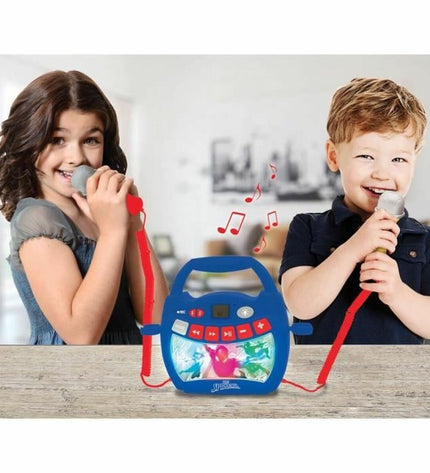 Lexibook Bluetooth speaker with karaoke microphone, electronic toy for kids, colorful design, and playful entertainment features.