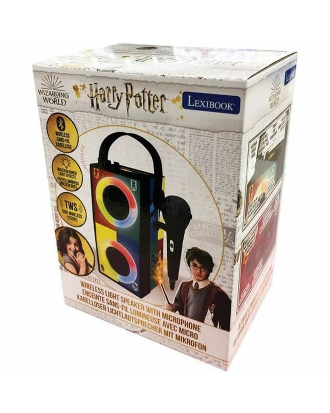 Lexibook Harry Potter Bluetooth speaker with karaoke microphone, electronic toy for kids, colorful design, and Harry Potter-themed graphics.