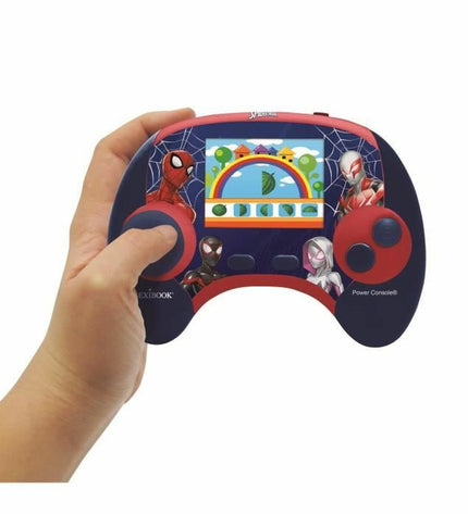 Lexibook Spider-Man portable game computer showing colorful game screen and buttons for electronic toys and gaming.