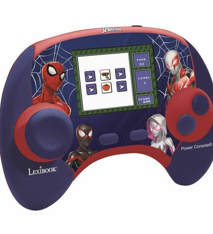 Lexibook Spiderman portable game computer showing colorful game screen, electronic toy for kids, Spider-Man themed handheld gaming device.