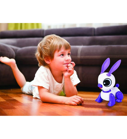 Lexibook Power Rabbit Mini educational robot toy with colorful buttons and screen, designed for learning and play.