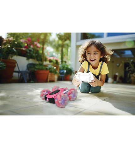 Pink and black Lexibook Crosslander remote control police car toy, detailed with steering wheel and vehicle features.