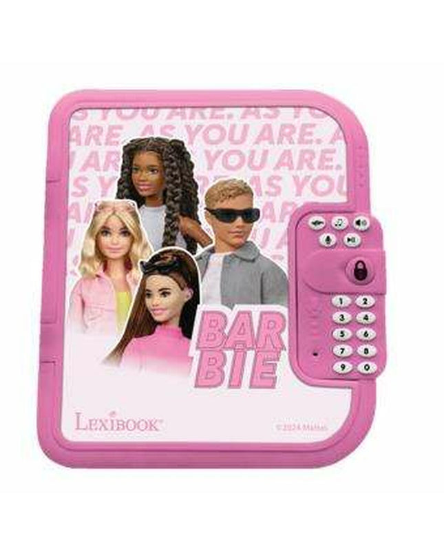 Barbie diary with accessories, children's educational toy, featuring a pink notebook and playful decorations for kids' learning fun.
