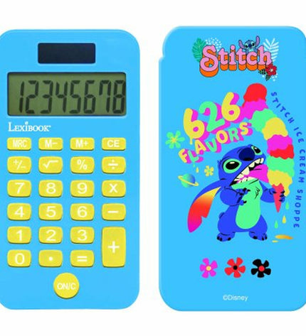 Stitch multicolour calculator with digital display, black buttons, and colorful keys, ideal for office and school use.