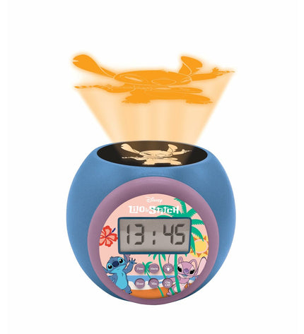 Lexibook Stitch Wekkerradio with LCD projector, electronic toy featuring colorful buttons and a built-in clock display.