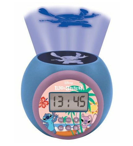 Lexibook Stitch Wekkerradio with LCD projector showcasing colorful buttons and digital display, electronic toy for kids.