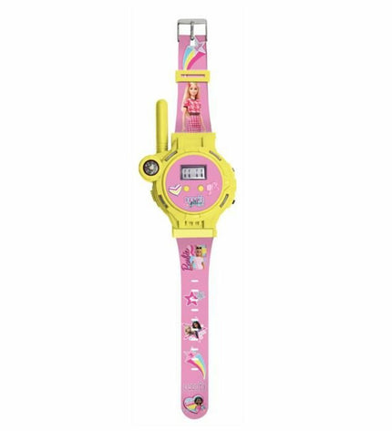 Lexibook Barbie walkie-talkie toy with colorful design, electronic toy for kids, featuring buttons and speaker.