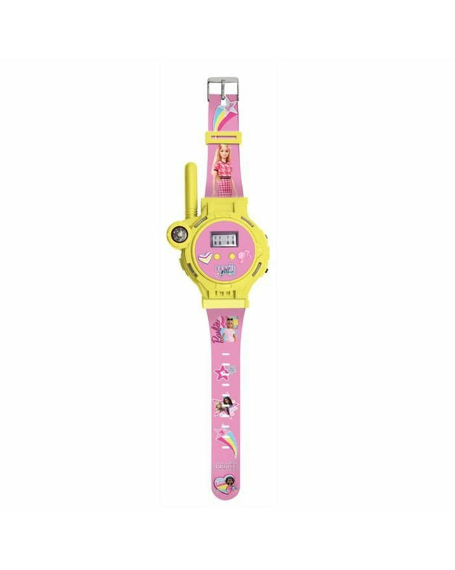 Lexibook Barbie walkie-talkie toy with colorful design, electronic toy for kids, featuring buttons and speaker.
