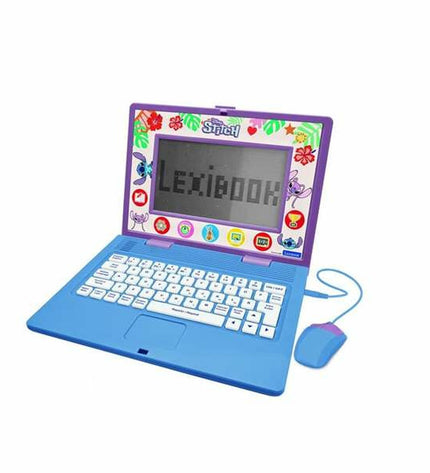 Lexibook Stitch ES-EN electronic toy laptop with colorful buttons and screen, designed for kids' educational play and language learning.