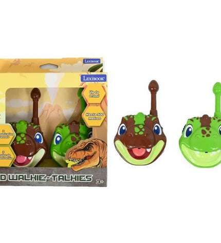 Lexibook dinosaur-themed 3D walkie-talkie toy with 500m range, electronic toy for kids, colorful dinosaur design.