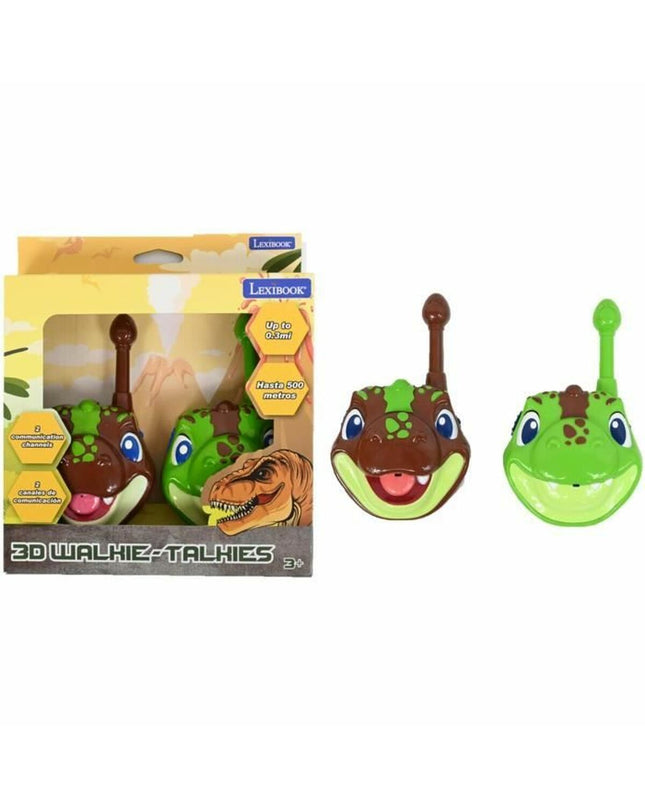 Lexibook dinosaur-themed 3D walkie-talkie toy with 500m range, electronic toy for kids, colorful dinosaur design.