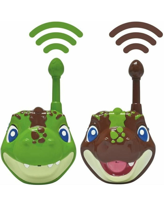 Lexibook dinosaur-themed 3D walkie-talkie for kids, 500m range, electronic toy featuring colorful dinosaur design.
