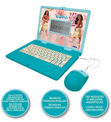 Lexibook Vaiana electronic toy computer showing colorful screen and buttons, designed for kids' educational play.