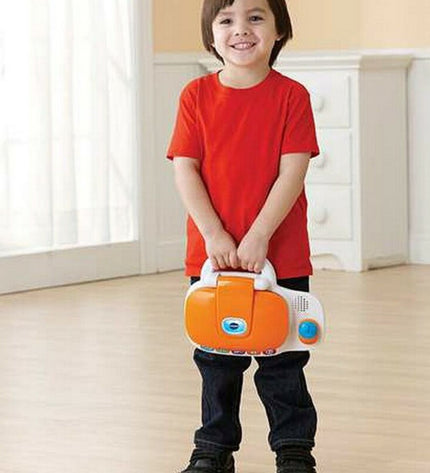 Vtech Baby Geluid Oranje speelgoed laptop for young children, colorful plastic toy with buttons and playful design.