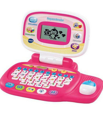 Vtech baby pink sound laptop toy for young children, colorful educational gadget with buttons and playful design.