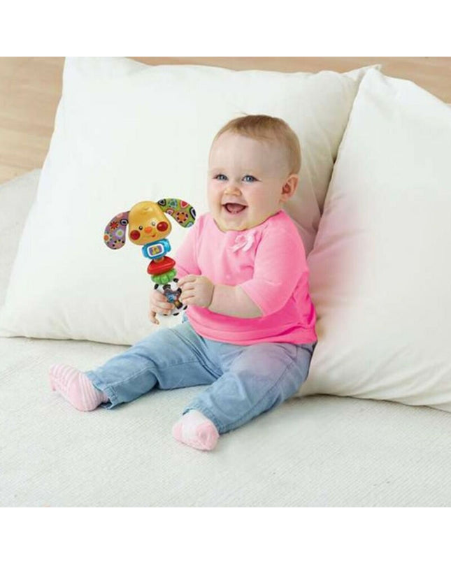 Vtech Puppy Toby Rammelaar for babies, colorful soft plush toy with a friendly puppy face, designed for young children to play with.