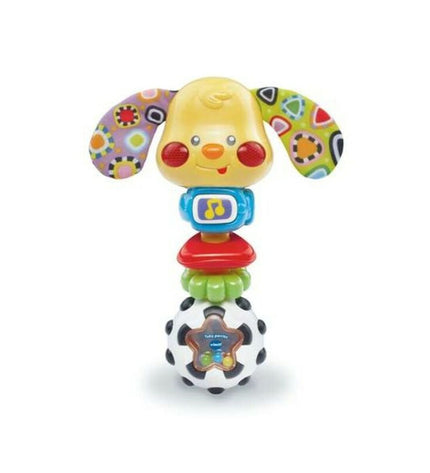 Vtech Puppy Toby teething rattle toy for babies, colorful plastic puppy with textured surface for young children's play.
