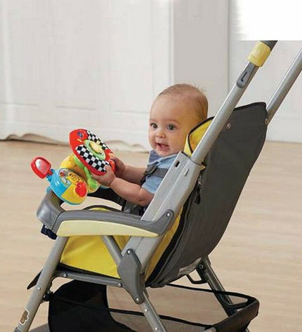Vtech baby stroller steering wheel toy for young children, measuring 30 x 11.6 x 24 cm, with colorful buttons and interactive features
