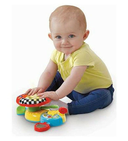 Vtech baby stroller steering toy, 30x11.6x24 cm, designed for young children, featuring colorful buttons and playful details.