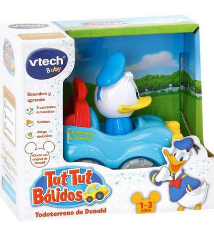 Vtech baby toy car, small plastic play vehicle for young children, measuring 12x6 cm, with colorful details and Vtech branding