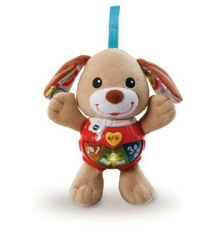 Soft Vtech Pequeperrito activity toy for babies, featuring colorful plush fabric and interactive elements designed for early development.