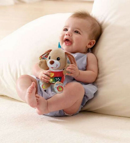 Soft Vtech Pequeperrito baby activity toy with colorful fabric and gentle textures, designed for infants' sensory play.
