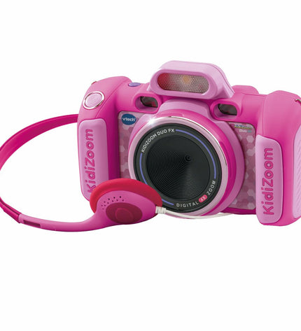 Pink Vtech Kidizoom Duo DX toy camera with dual lenses, colorful buttons, and playful design for kids' electronic play.